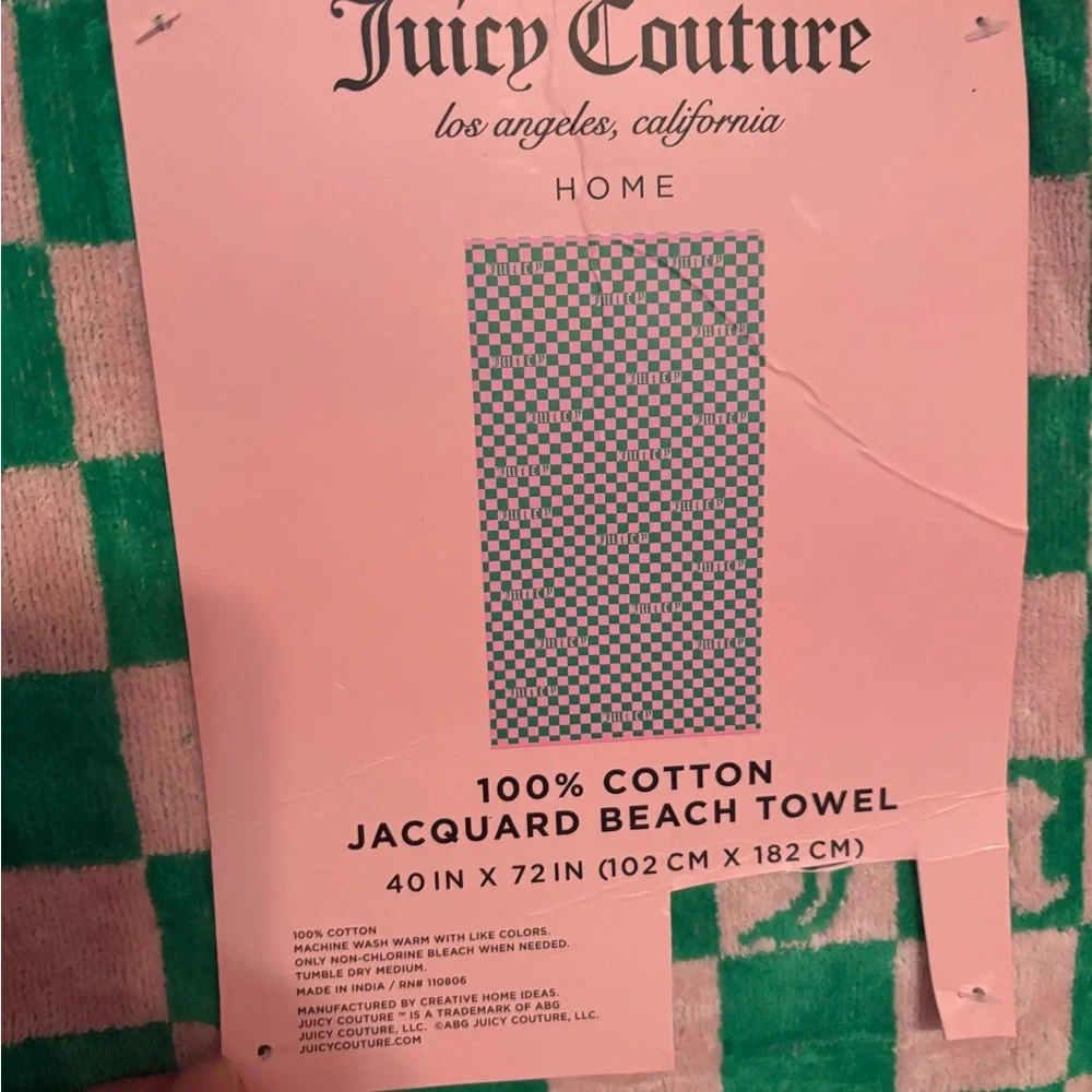 Juicy Couture Pink and Green Checkered Towel - Picture 4 of 6